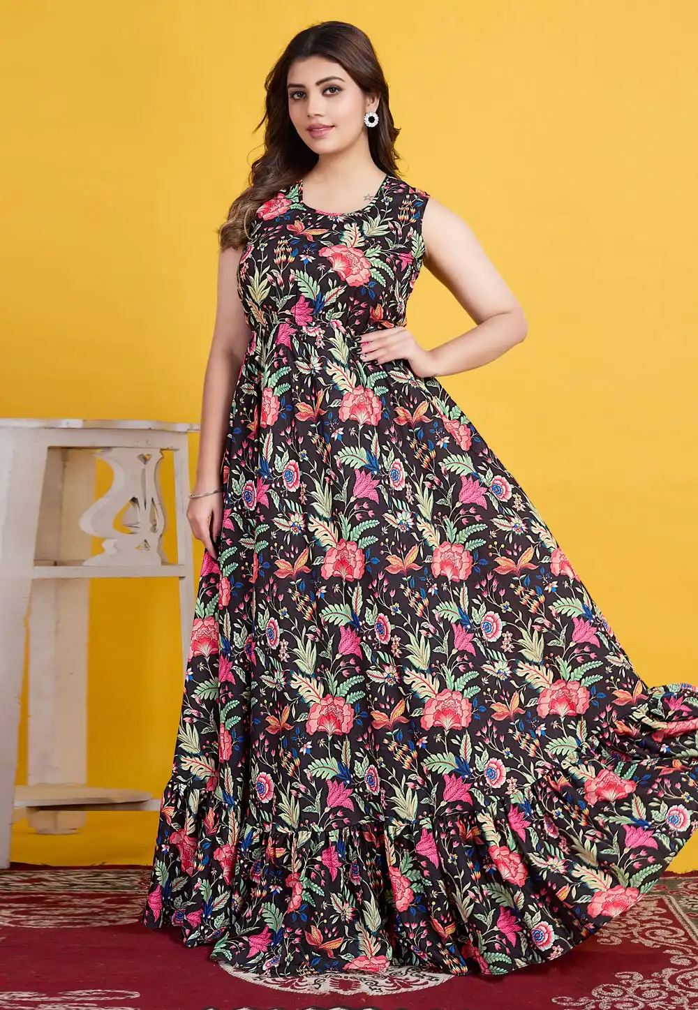 Black Cotton Readymade Long Anarkali Suit 307049