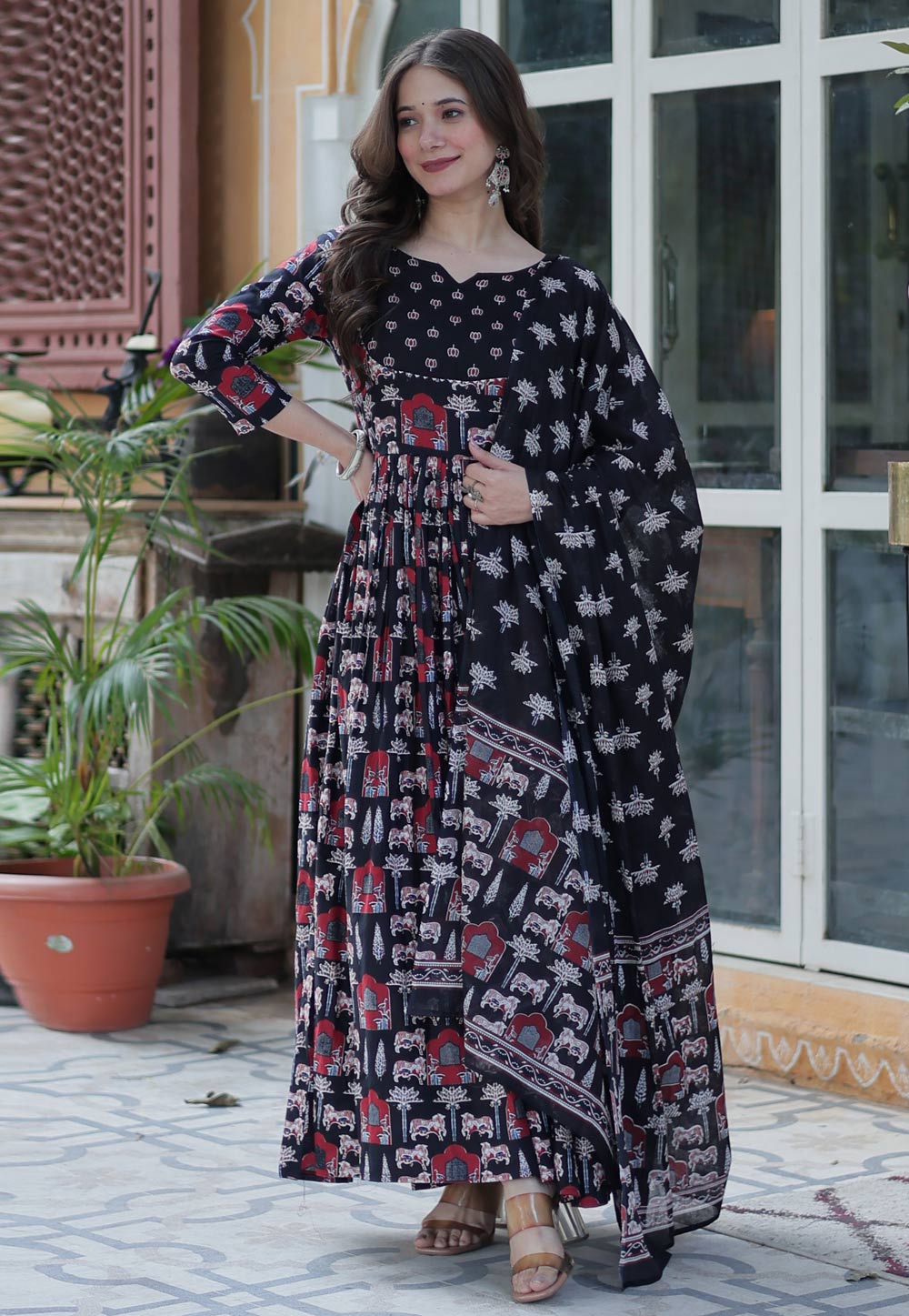 Black Cotton Readymade Long Anarkali Suit 307145