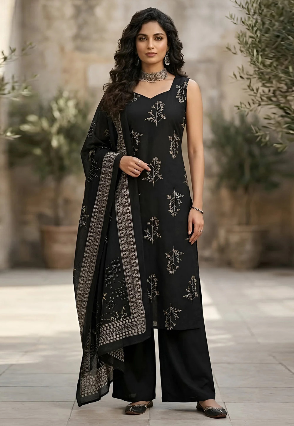 Black Cotton Readymade Palazzo Suit 326800