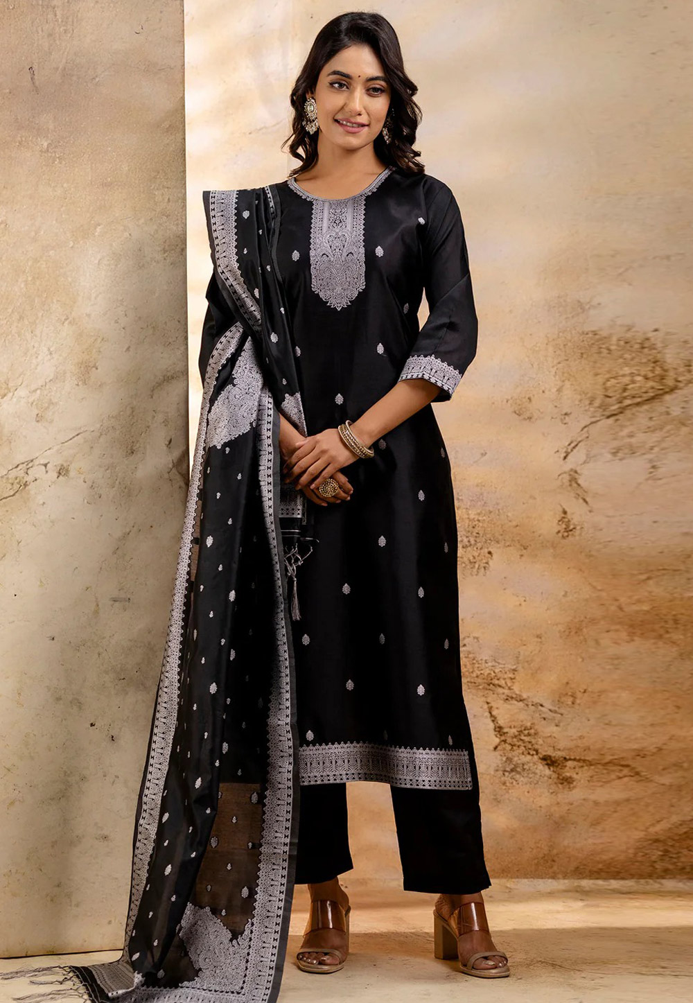 Black Cotton Readymade Pant Style Suit 308915