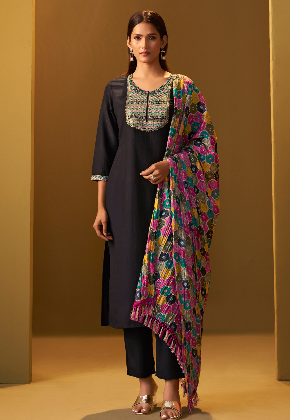 Black Cotton Readymade Pant Style Suit 321828