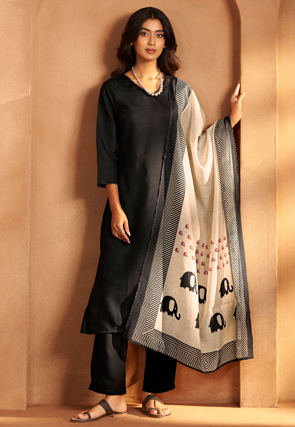 Black Cotton Readymade Pant Style Suit 321827