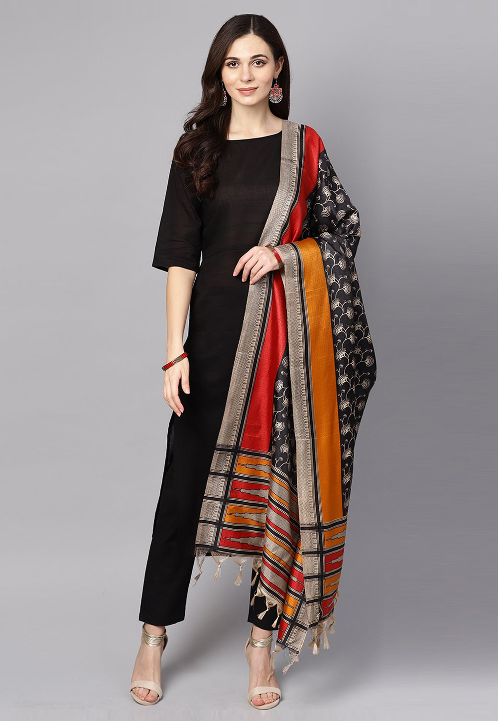 Black Cotton Readymade Pant Style Suit 282088