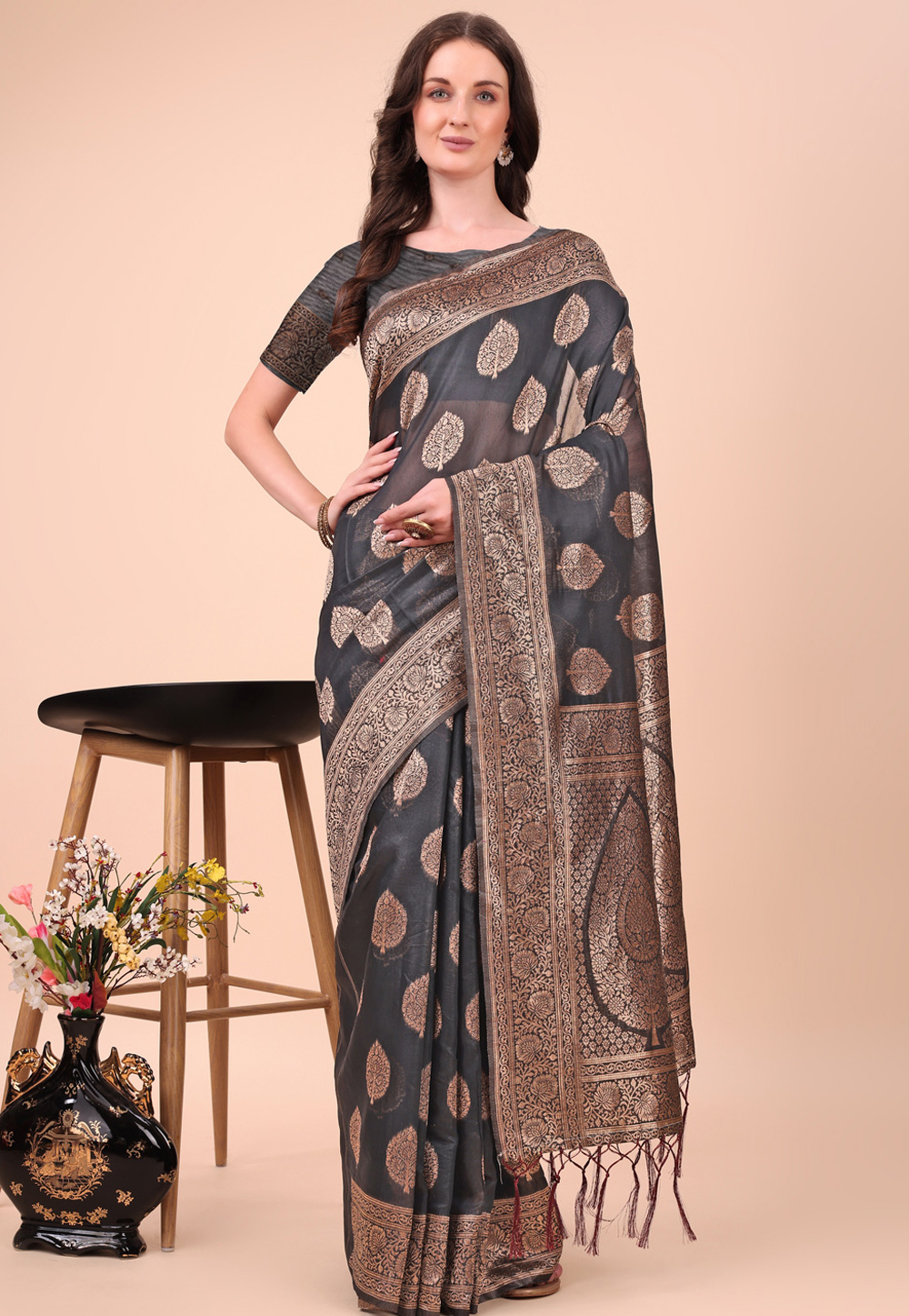Black Cotton Saree With Blouse 308537