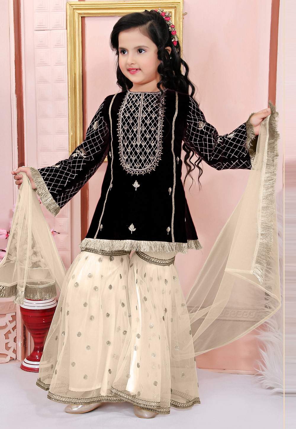 Black Cotton Silk Kids Sharara Suit 312241