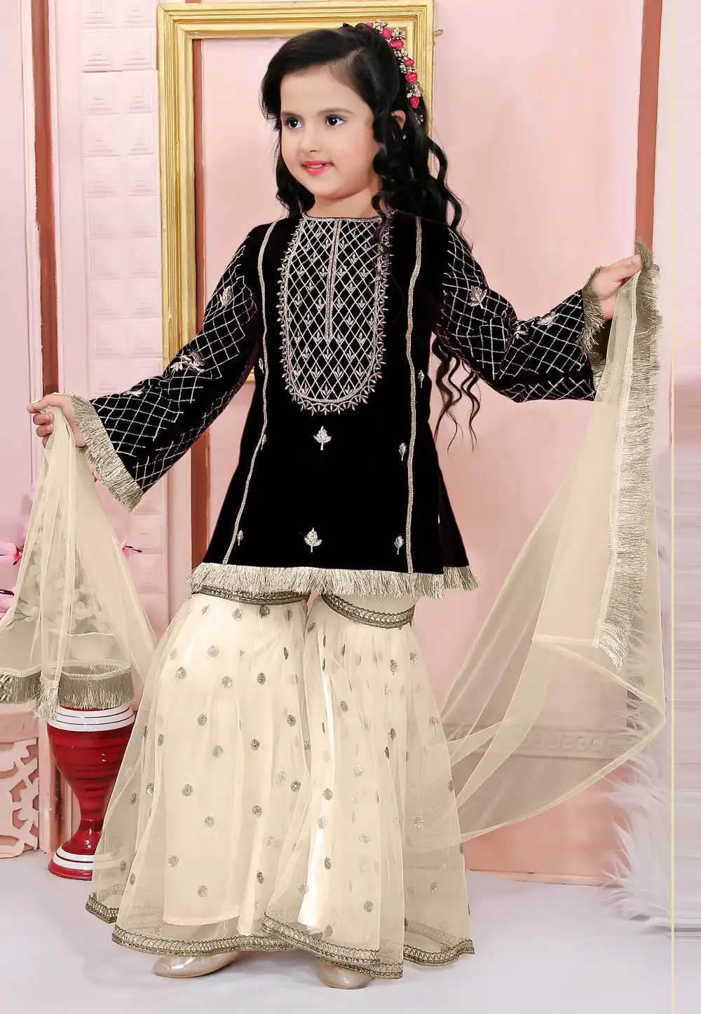Black Cotton Silk Kids Sharara Suit 312241