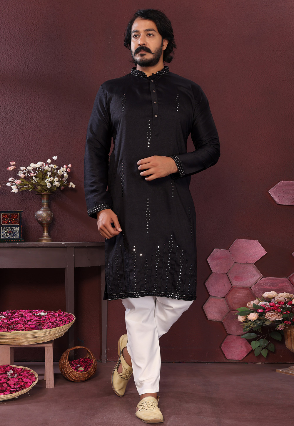 Black Cotton Silk Kurta Pajama 321015