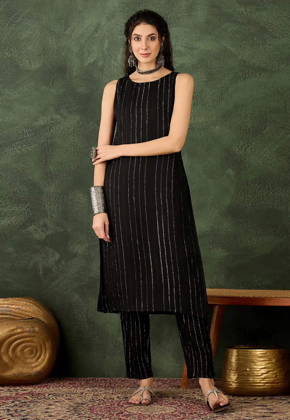 Black Cotton Silk Kurta Set With Pant 325217