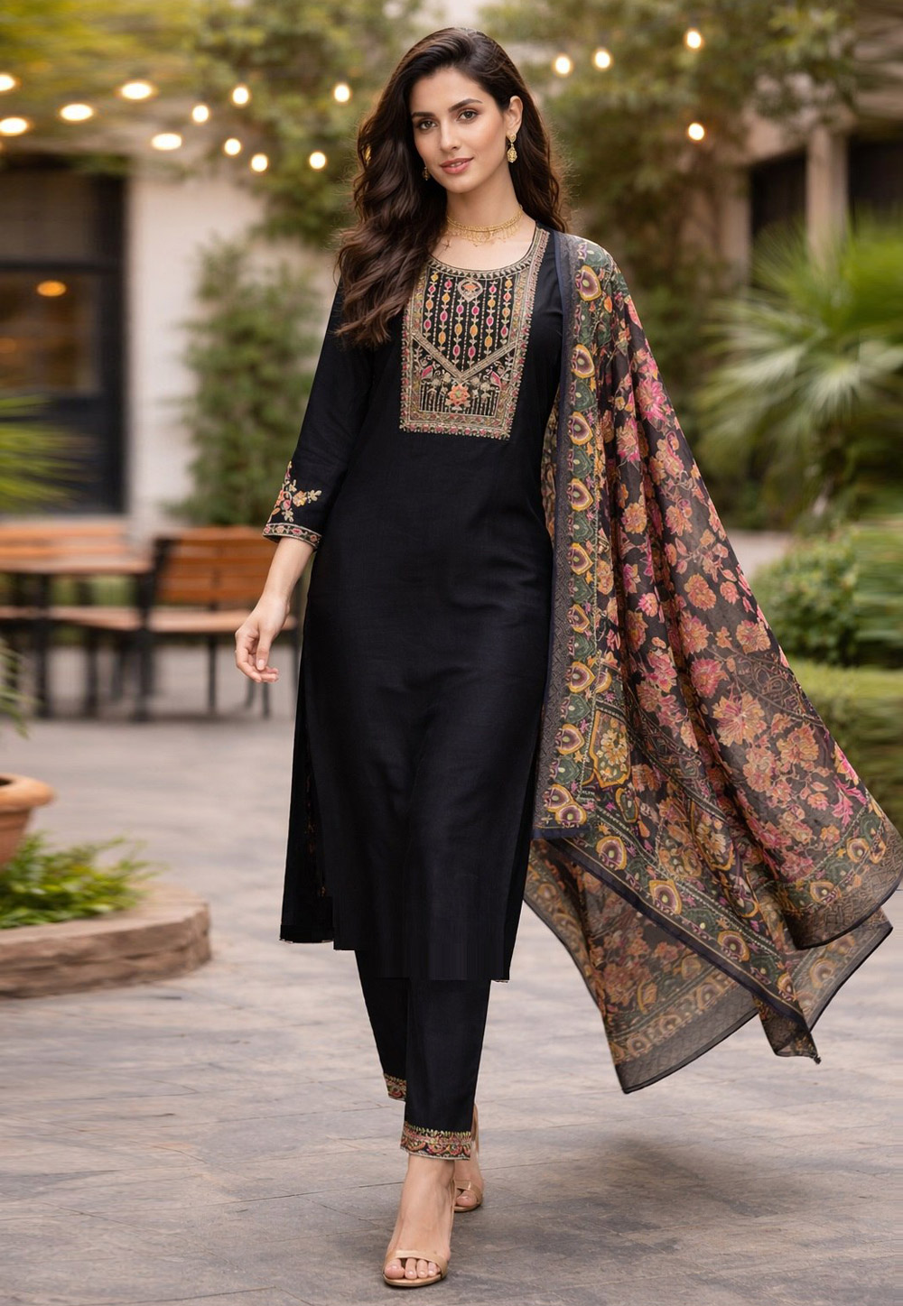 Black Cotton Silk Readymade Pant Style Suit 328971