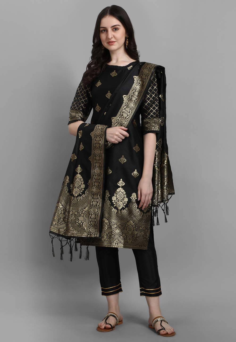 Black Cotton Silk Readymade Pant Style Suit 318314