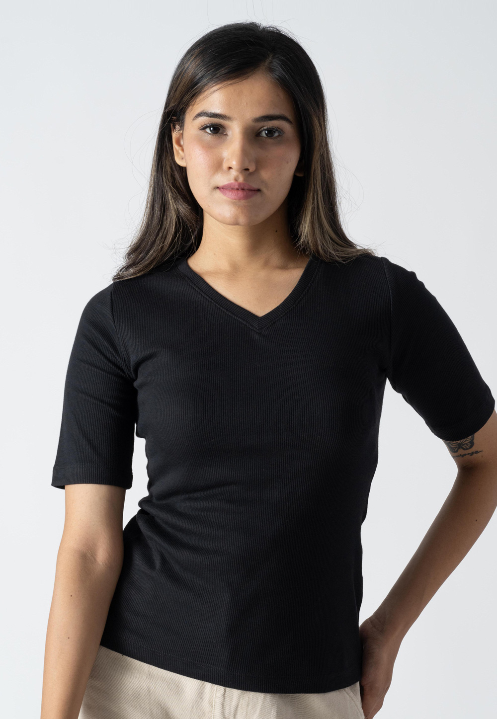 Black Cotton V Neck T-Shirt 313273