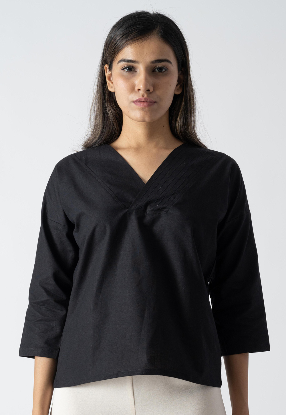 Black Cotton V Neck Top 313277