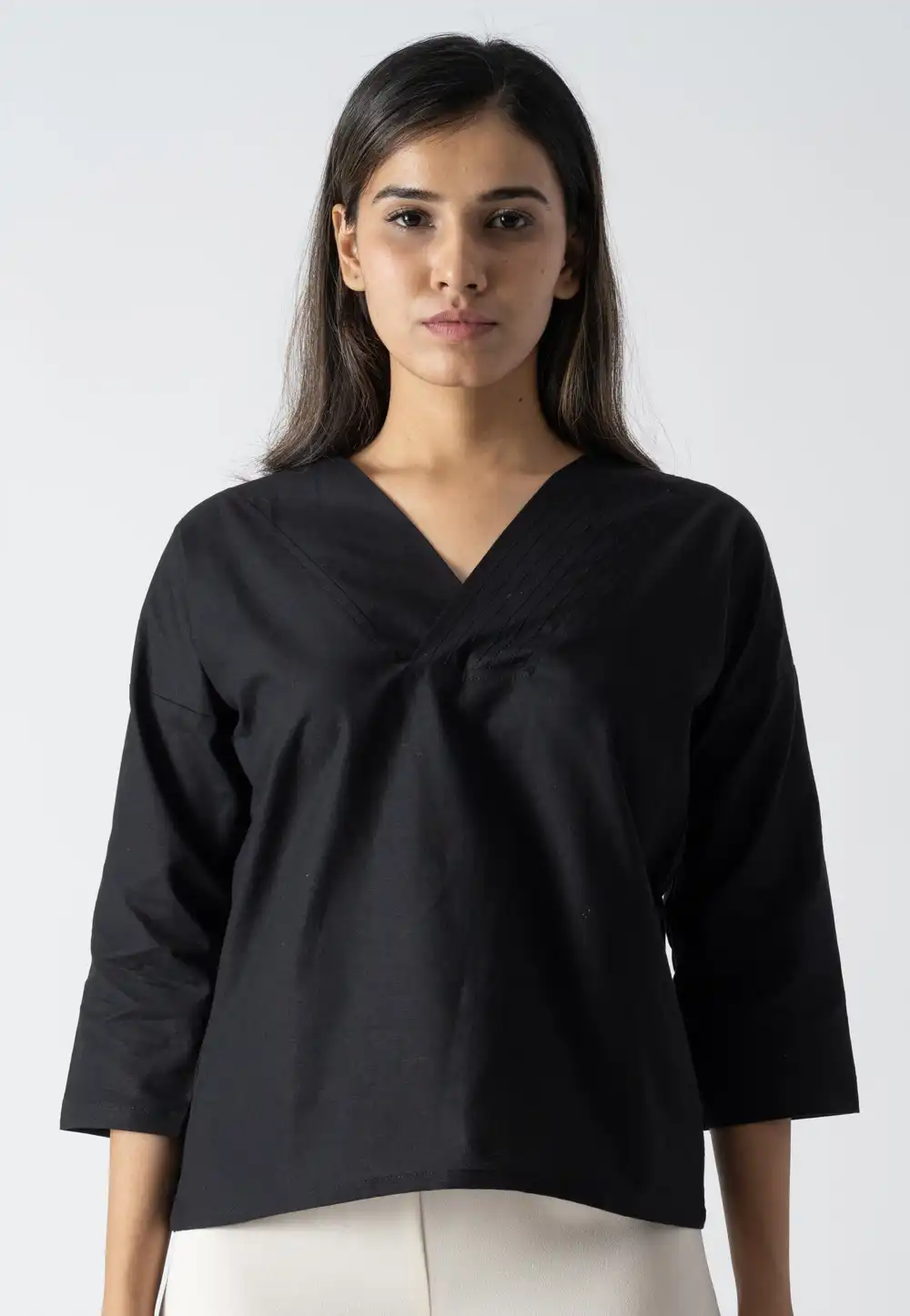 Black Cotton V Neck Top 313277