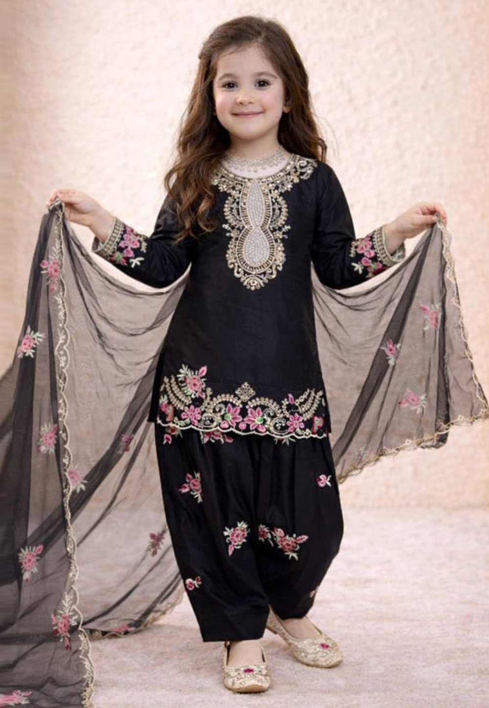 Black Crepe Kids Patiala Suit 327177