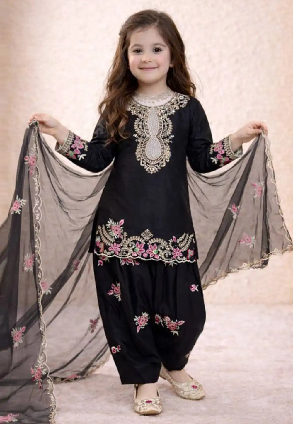 Black Crepe Kids Patiala Suit 327177