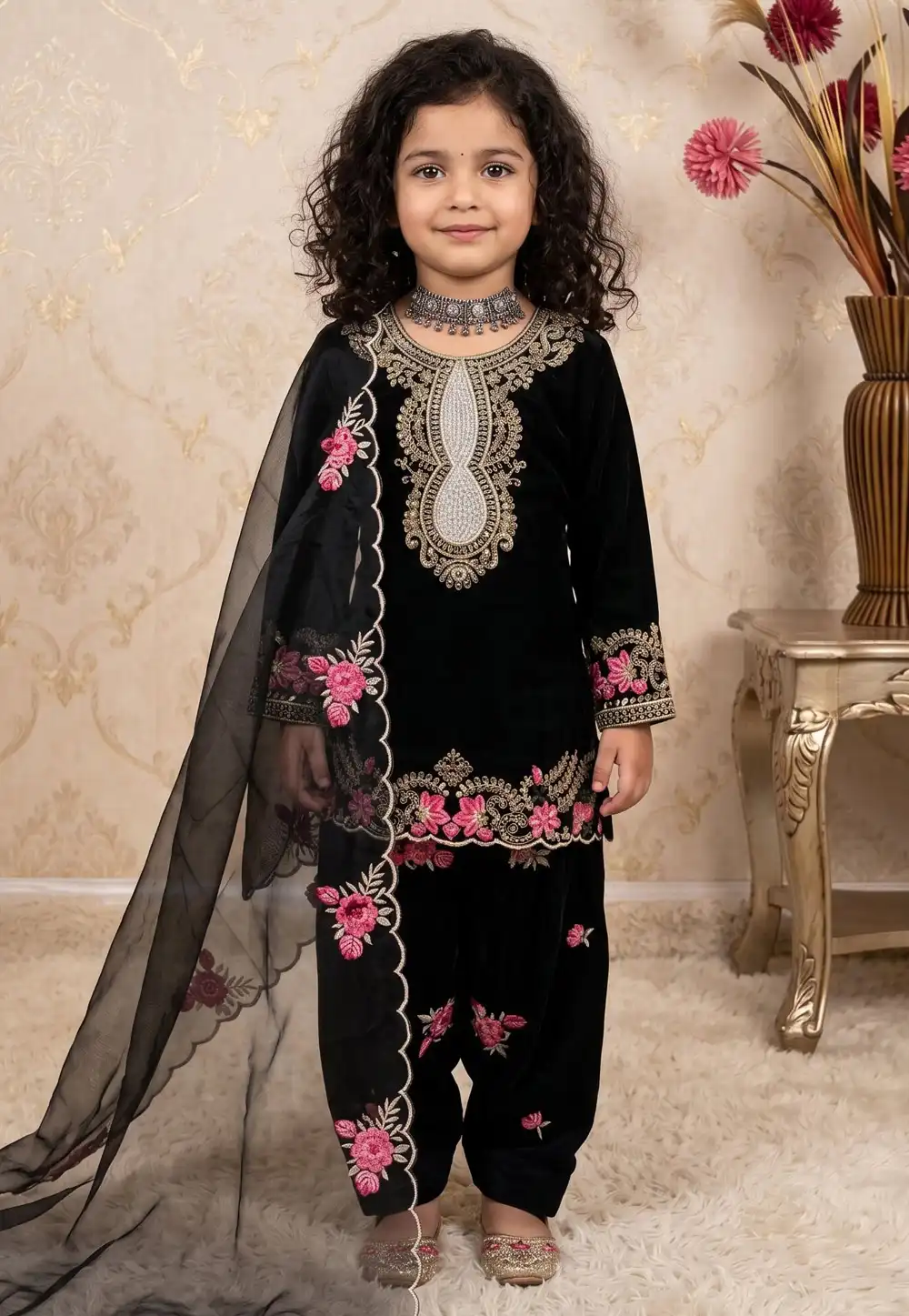 Black Crepe Kids Punjabi Suit 329919