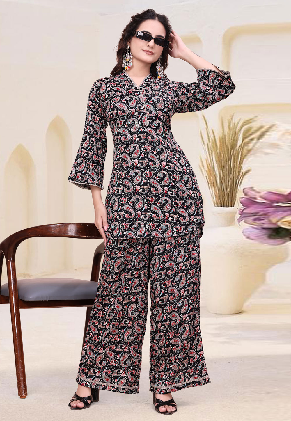 Black Crepe Printed Co-Ords Set 321725