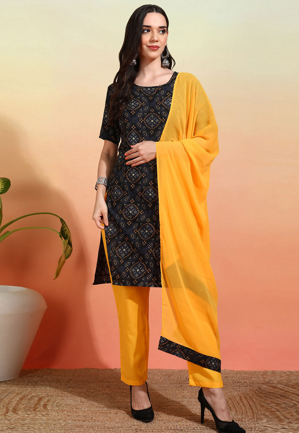 Black Crepe Readymade Pakistani Suit 308498