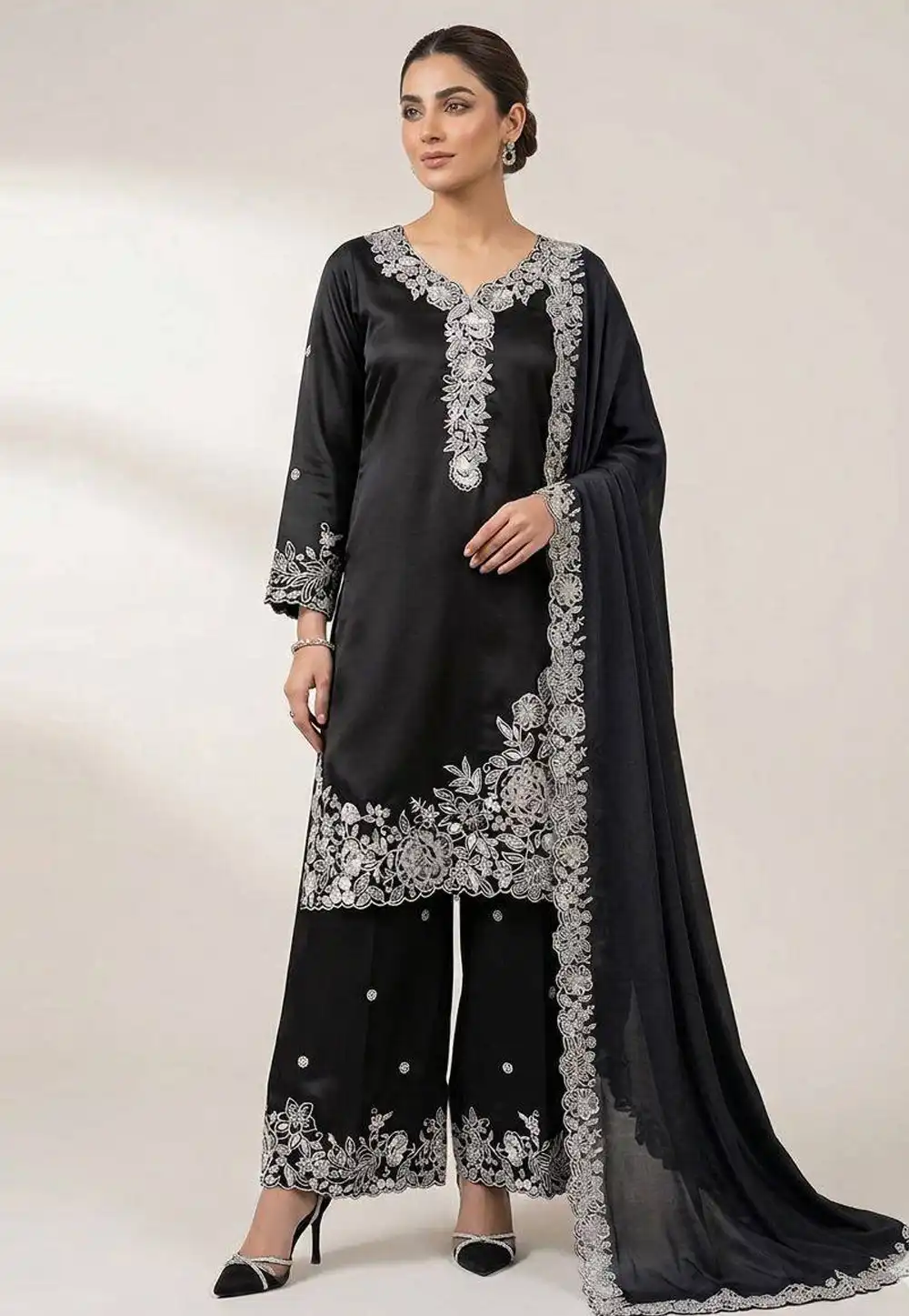 Black Crepe Readymade Palazzo Suit 329810