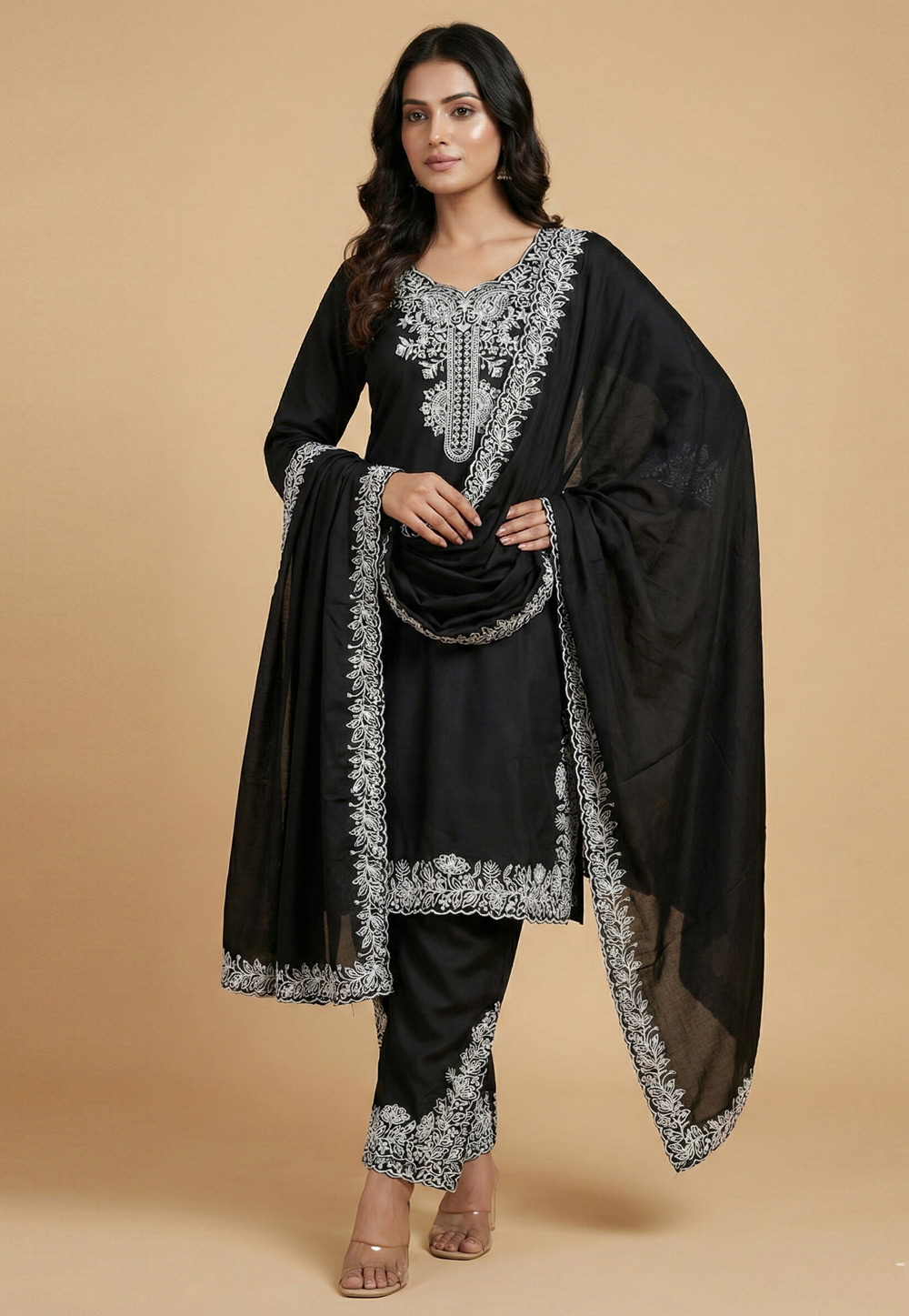 Black Crepe Readymade Pant Style Suit 323893