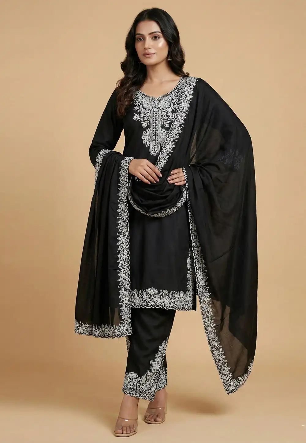 Black Crepe Readymade Pant Style Suit 323893