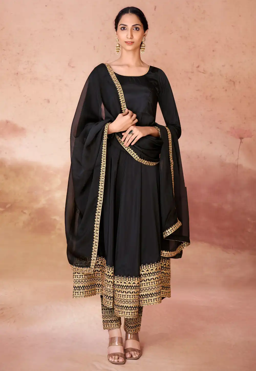Black Crepe Readymade Pant Style Suit 289189