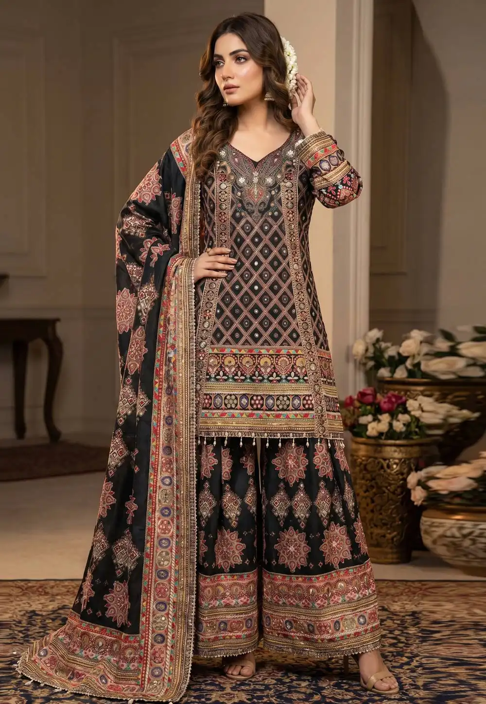 Black Crepe Silk Pakistani Suit 327696