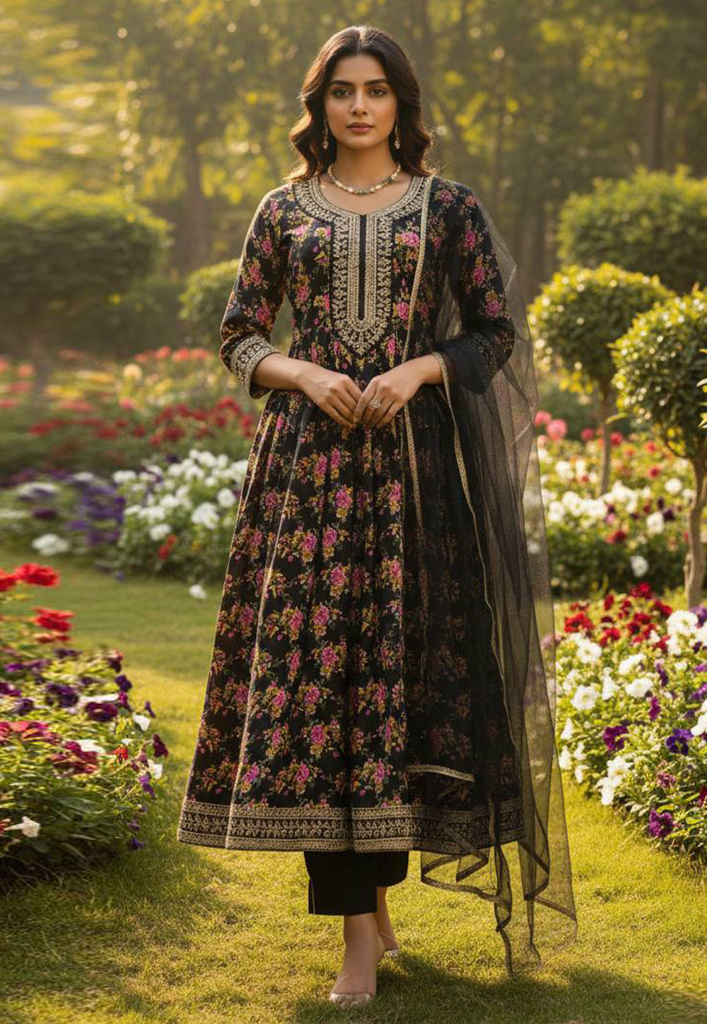 Black Crepe Silk Readymade Anarkali Suit 321903