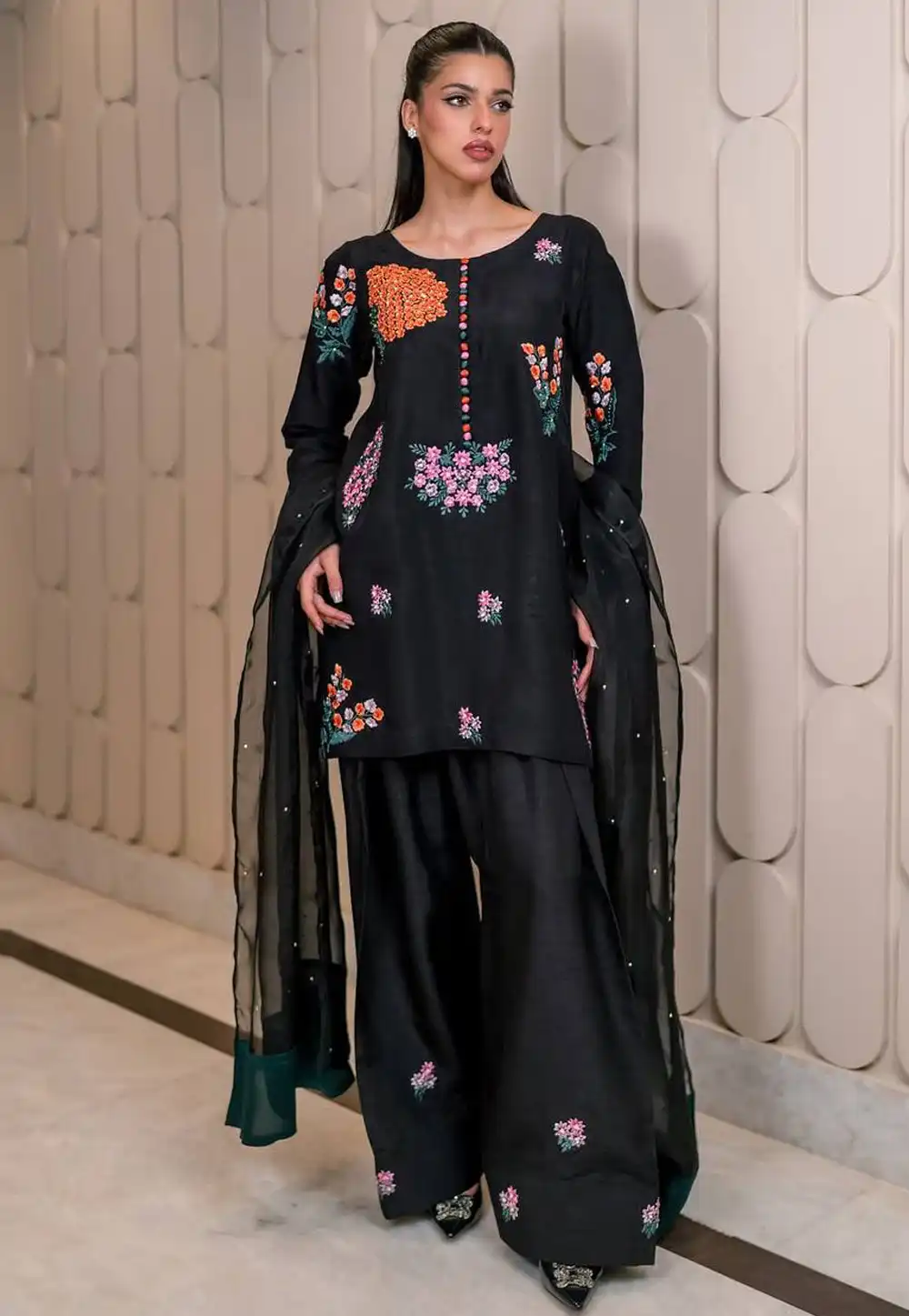 Black Crepe Silk Readymade Pakistani Palazzo Suit 313381