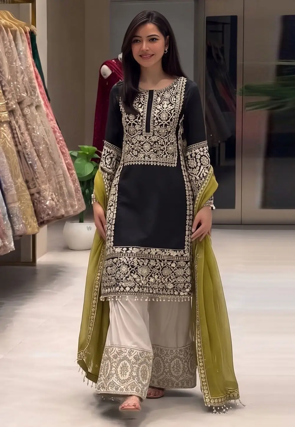 Black Crepe Silk Readymade Palazzo Suit 336123