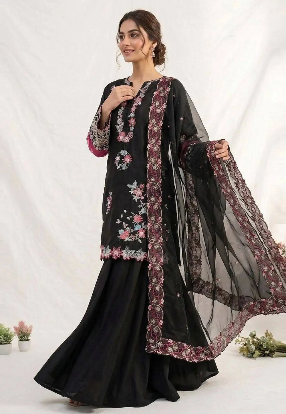 Black Crepe Silk Readymade Palazzo Suit 331973