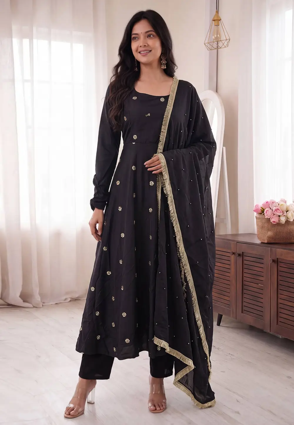 Black Crepe Silk Readymade Pant Style Suit 336129