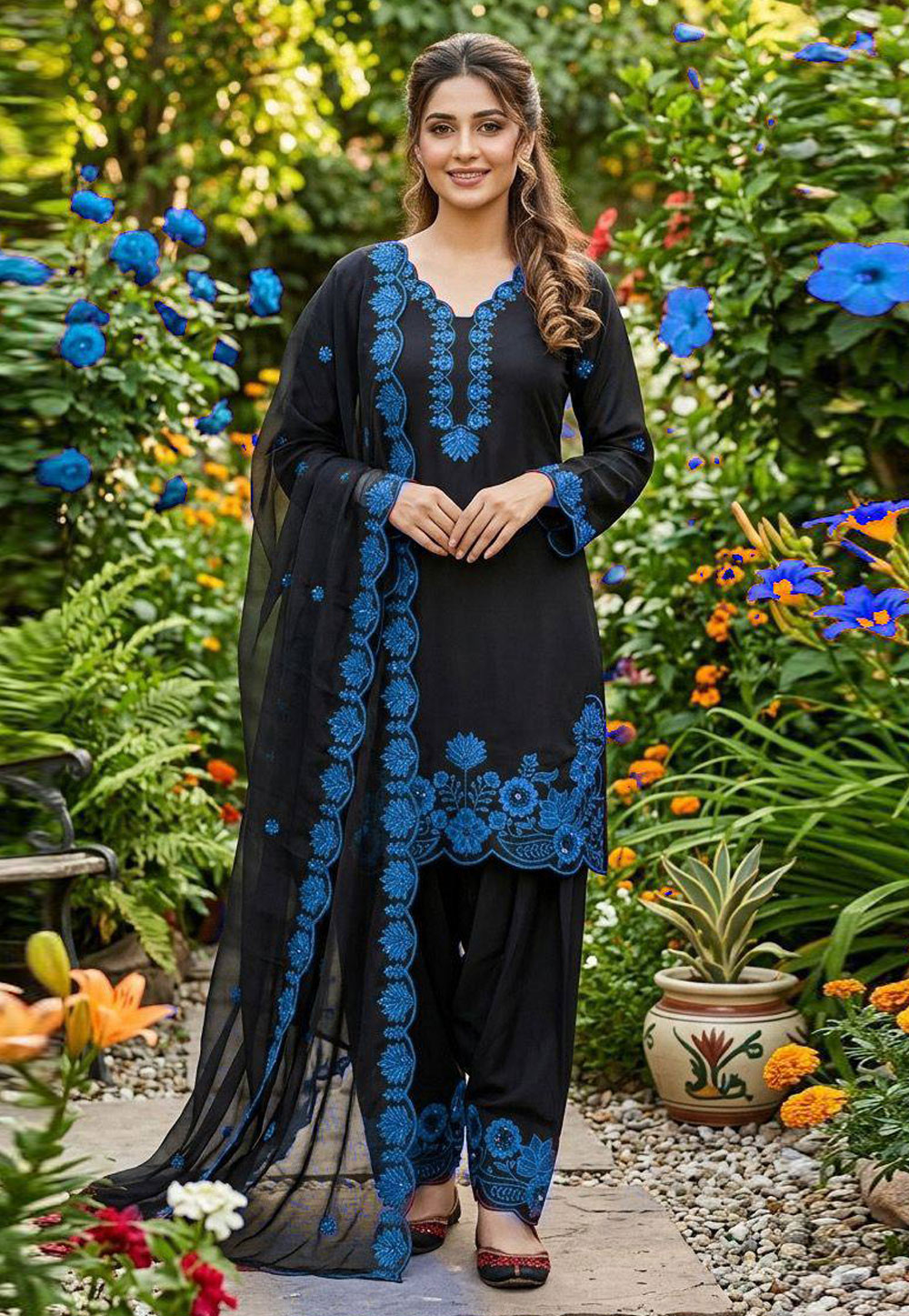Black Crepe Silk Readymade Patiala Suit 326606
