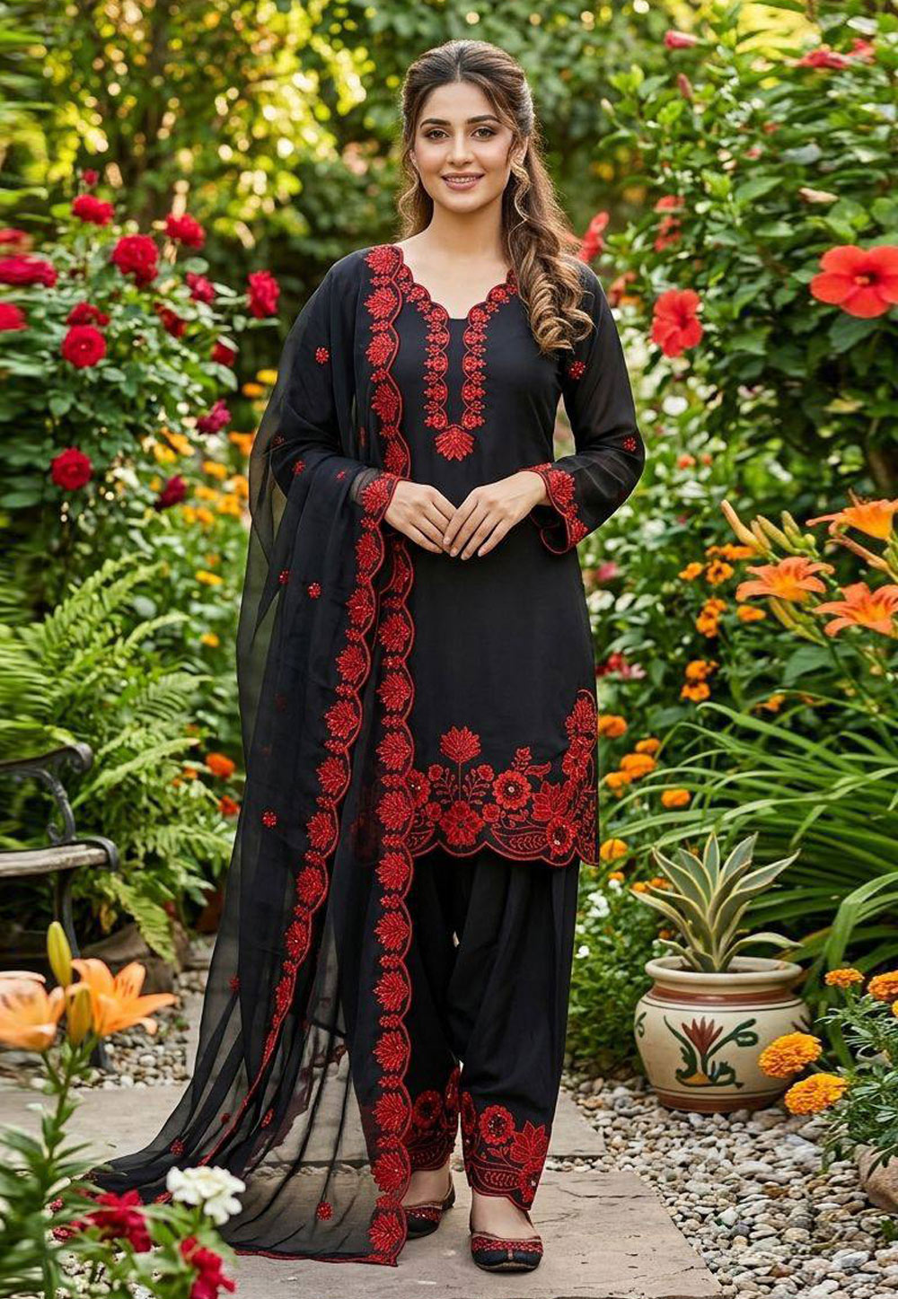Black Crepe Silk Readymade Punjabi Suit 326605