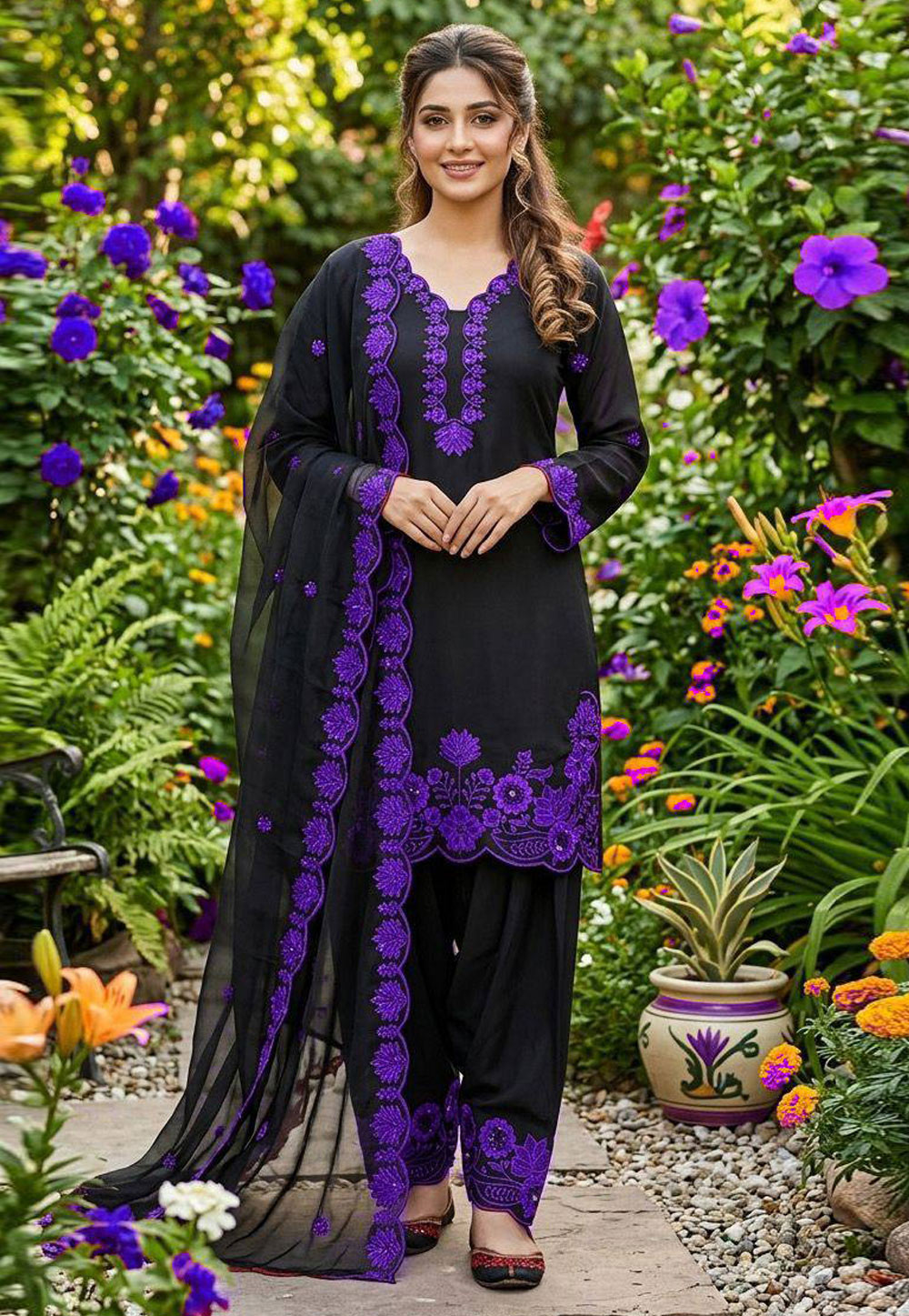 Black Crepe Silk Readymade Punjabi Suit 326607