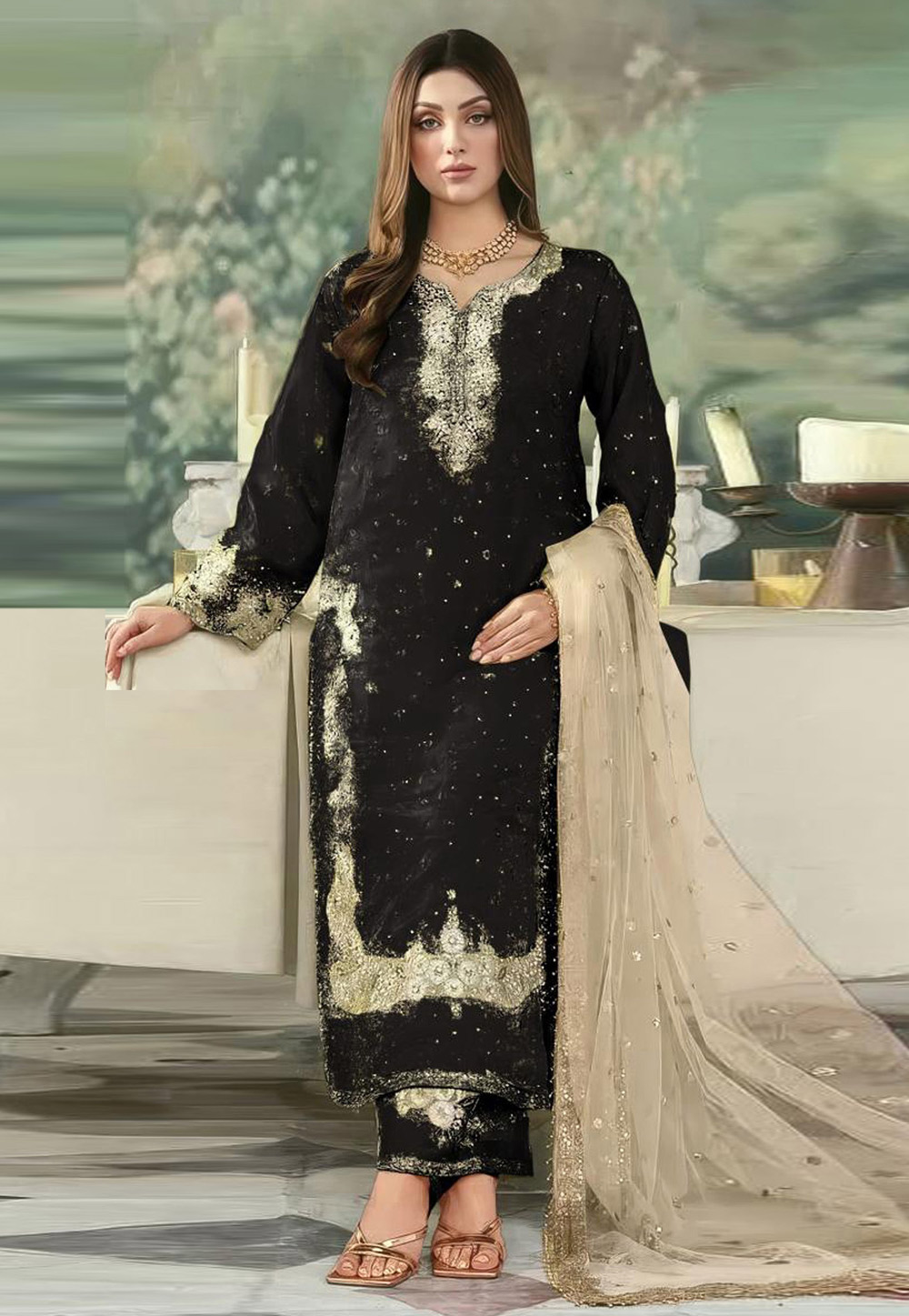 Black Crepe Straight Suit 323345