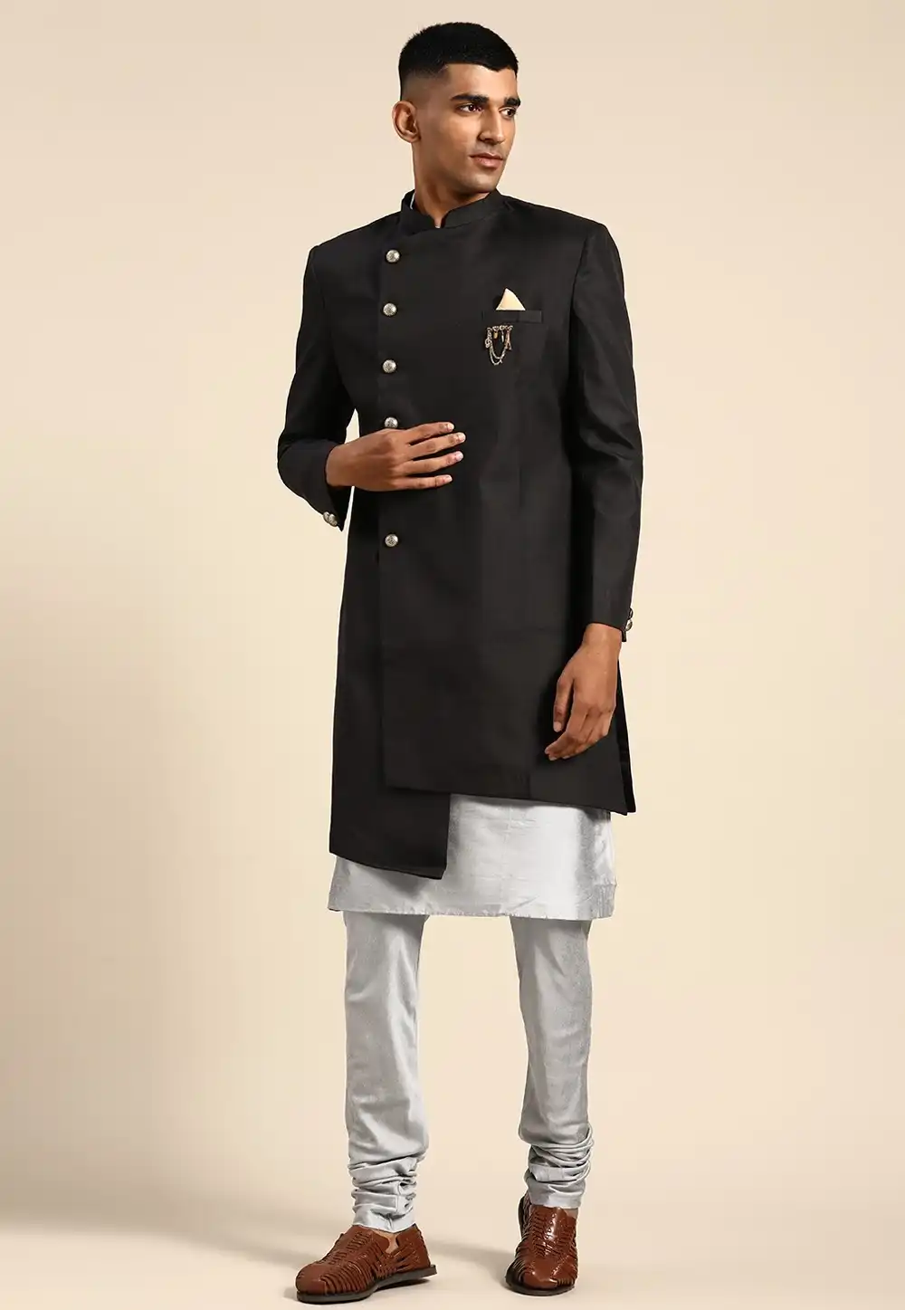 Black Dupion Indo Western Suit 313957