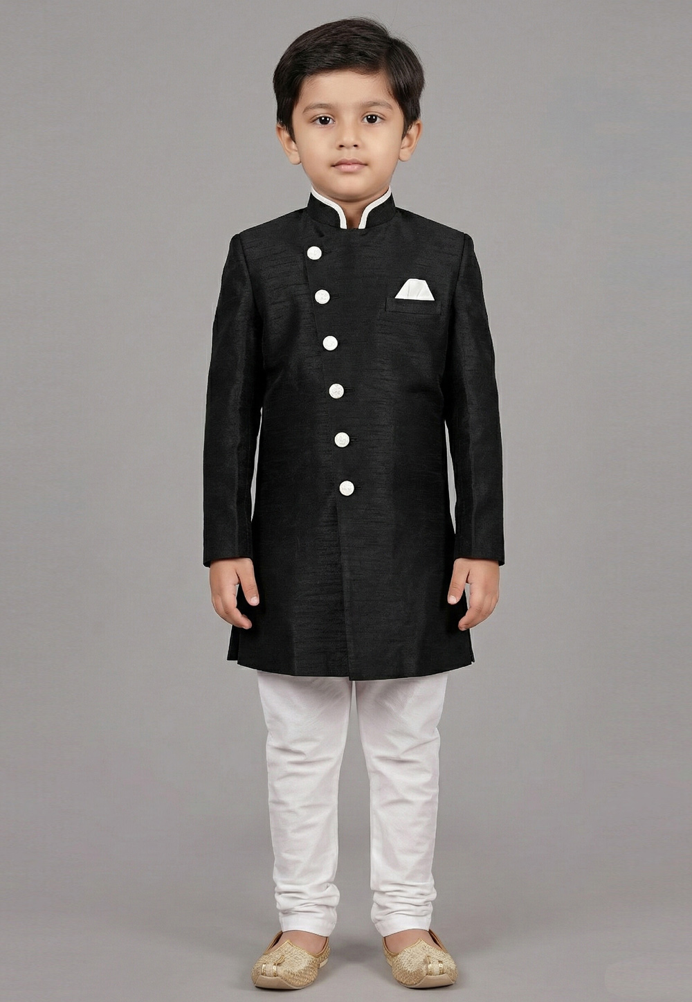 Black Dupion Kids Indo Western Suit 323149