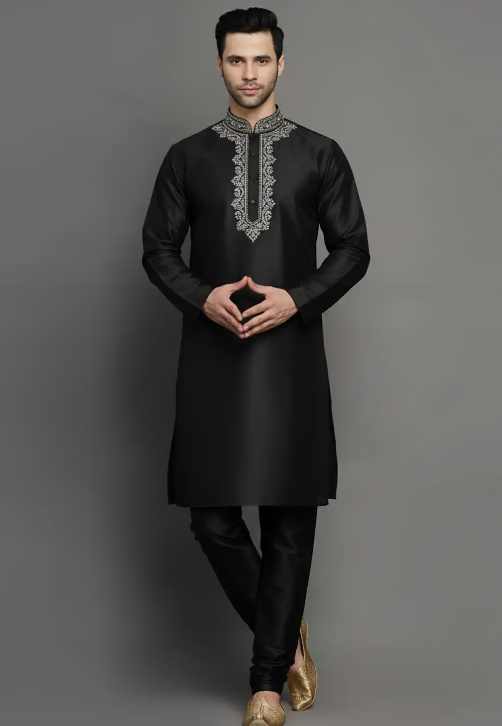 Black Dupion Kurta Pajama 319967