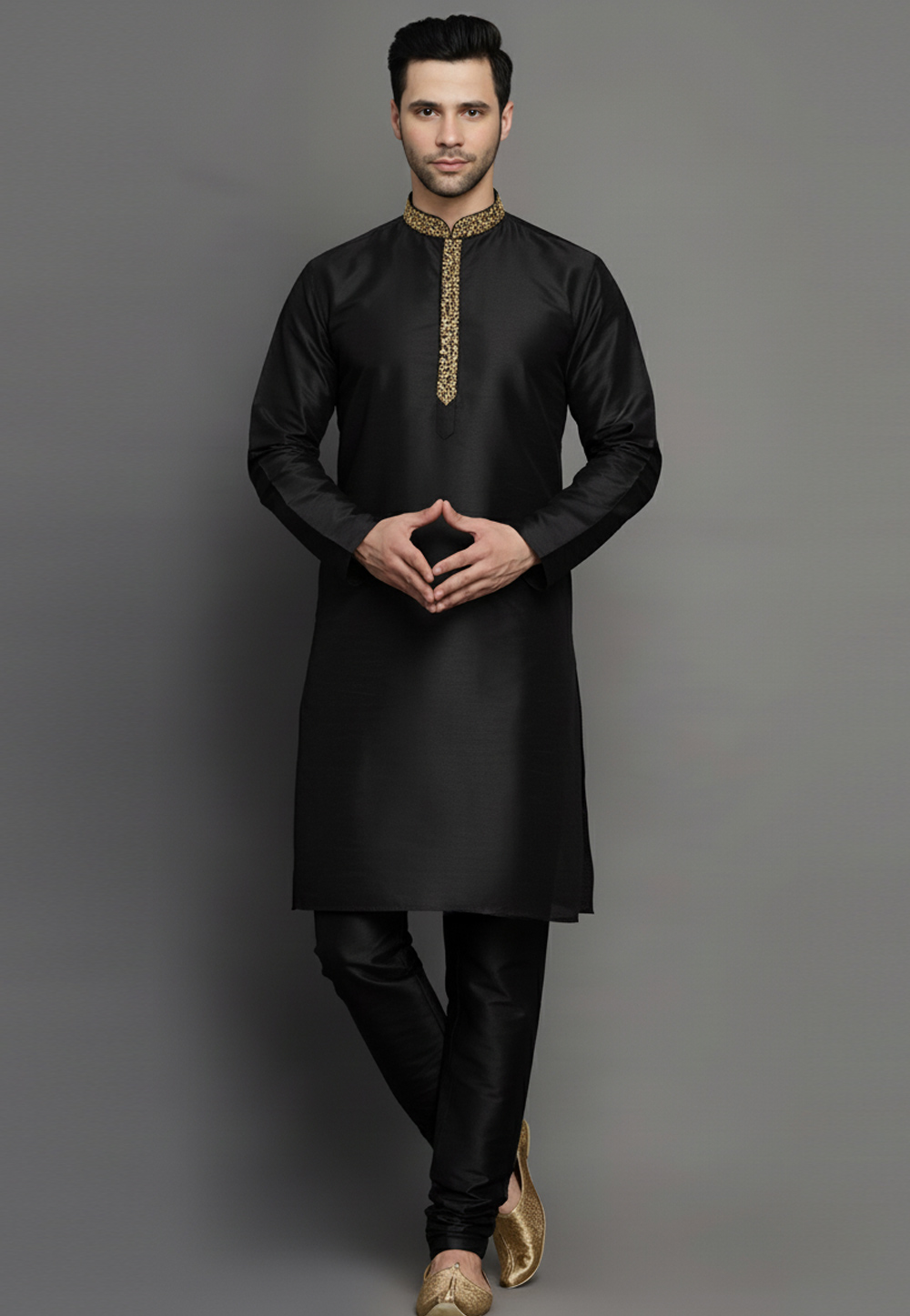 Black Dupion Kurta Pajama 319968
