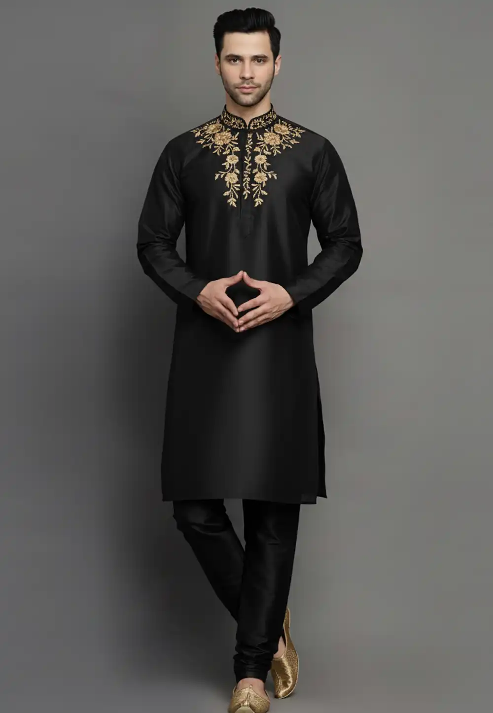Black Dupion Kurta Pajama 319969