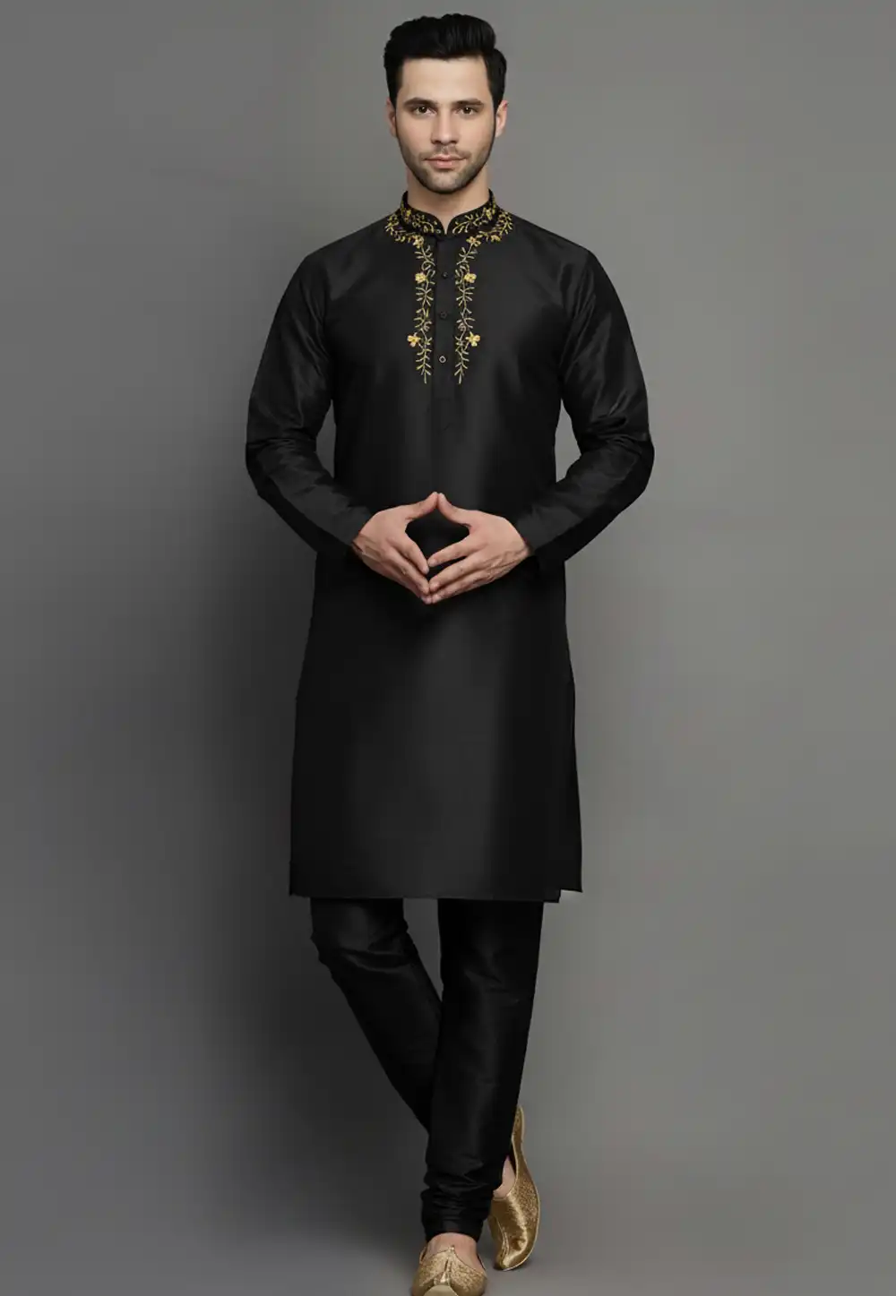 Black Dupion Kurta Pajama 319970