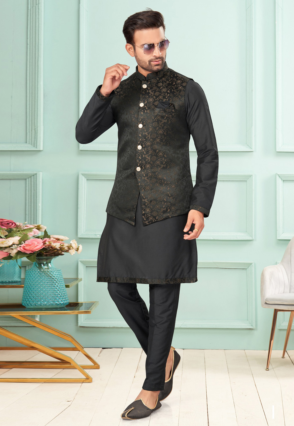Black Dupion Kurta Pajama With Jacket 283893