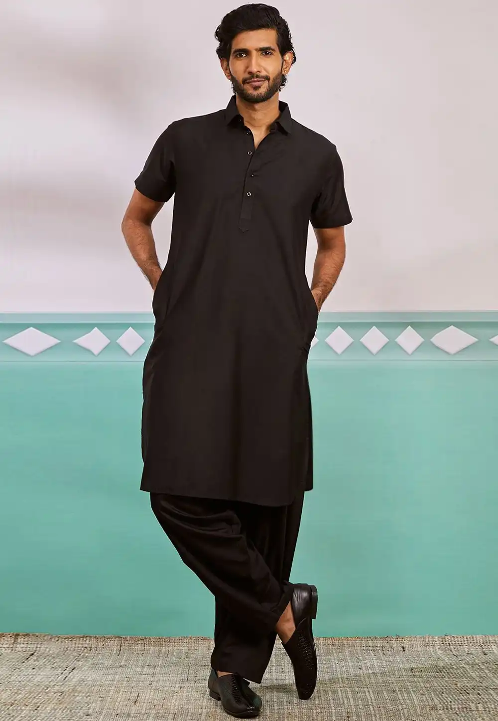 Black Dupion Pathani Suit 314236