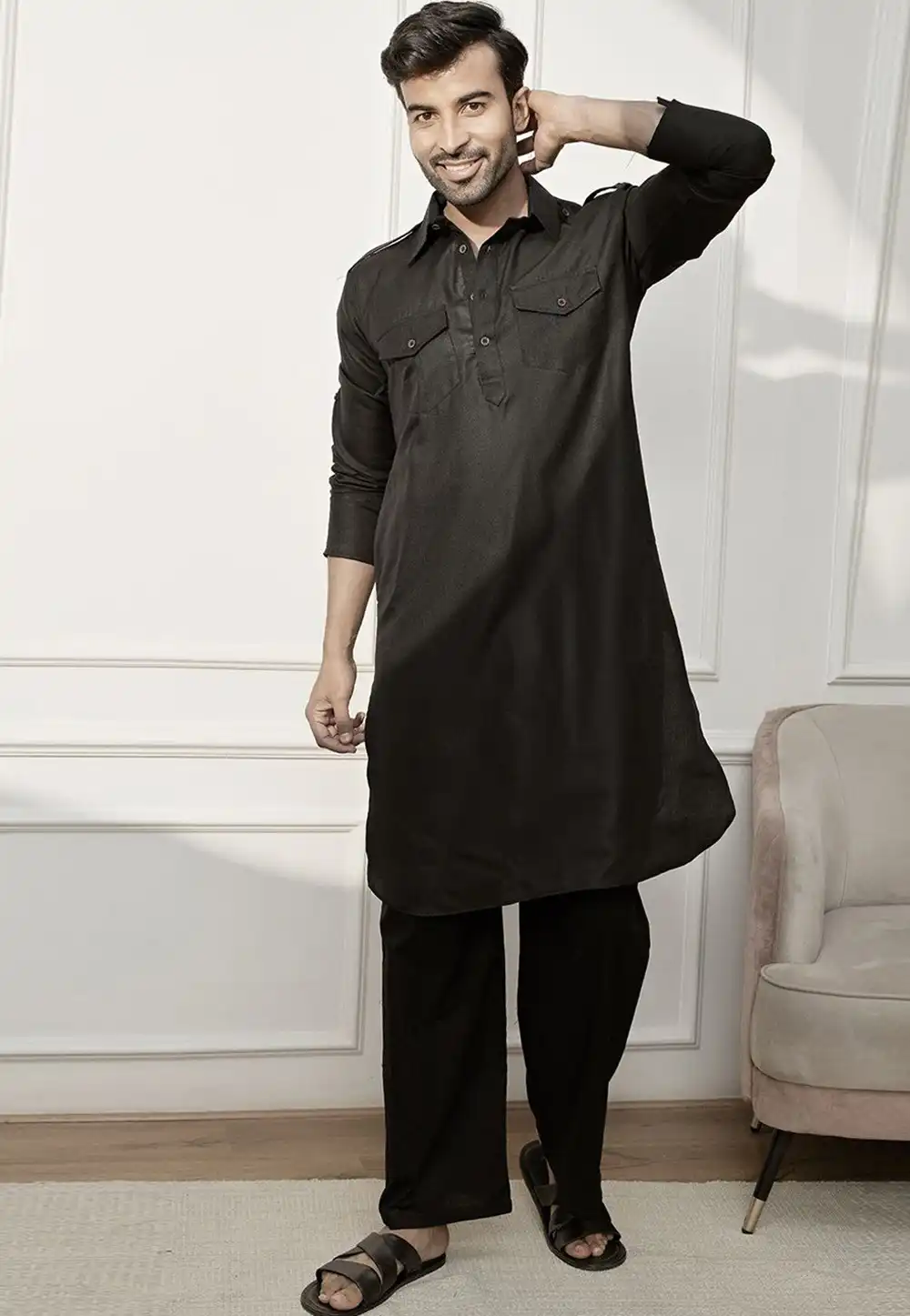 Black Dupion Pathani Suit 314239