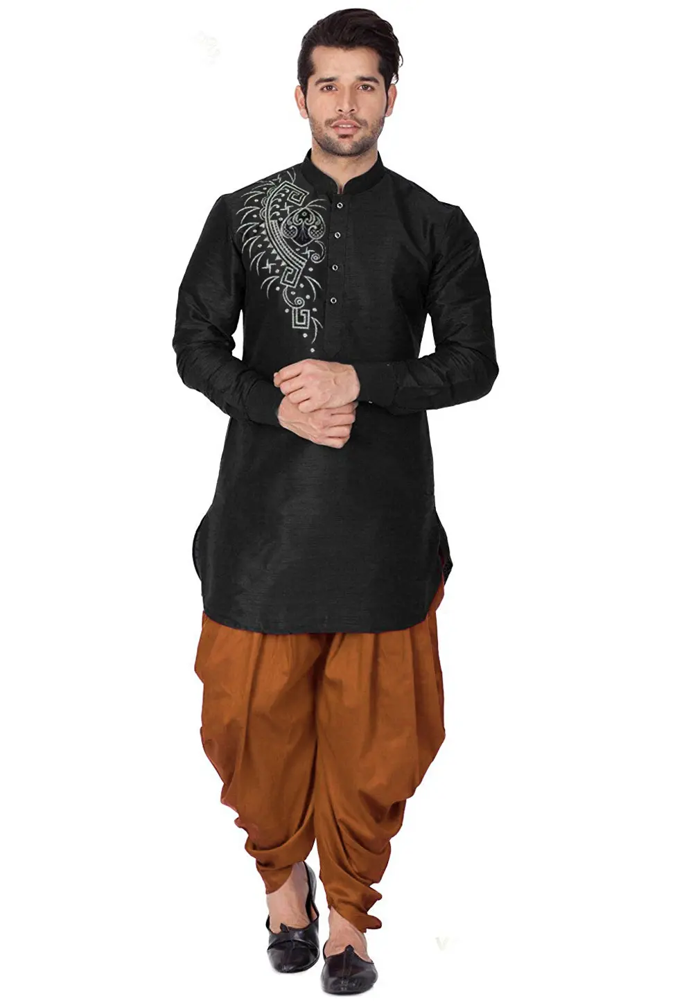 Black Dupion Silk Dhoti Kurta 303396