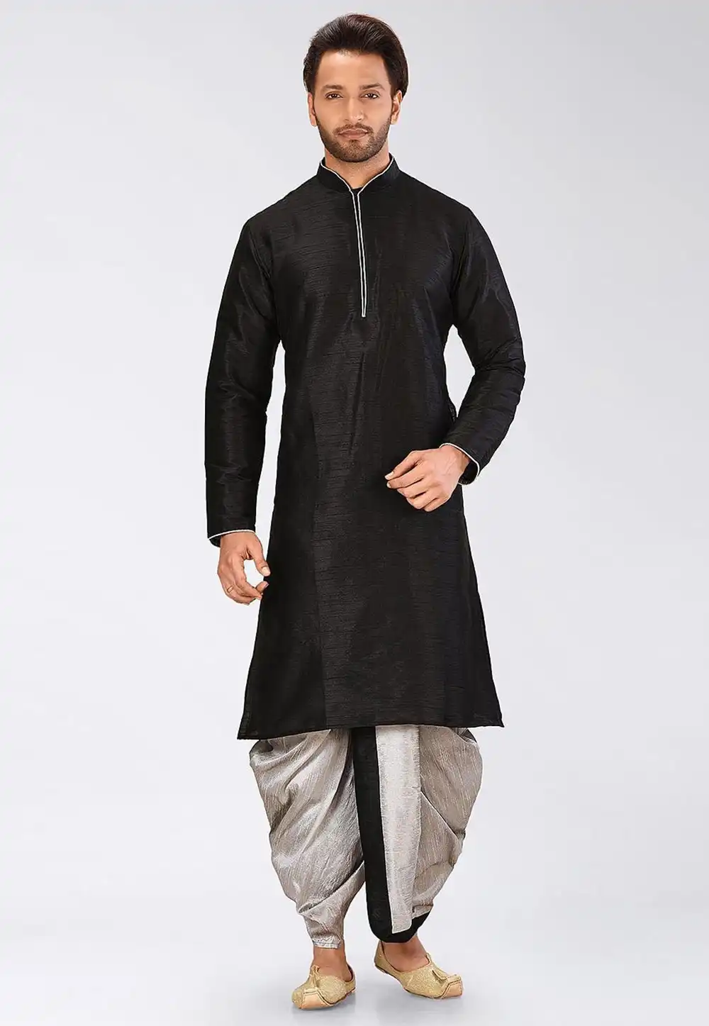 Black Dupion Silk Dhoti Kurta 330454
