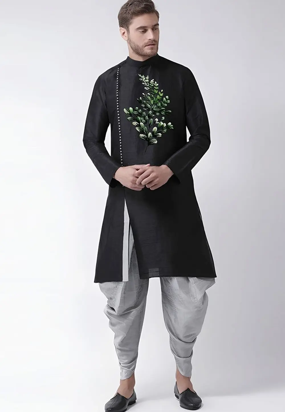 Black Dupion Silk Dhoti Kurta 331970
