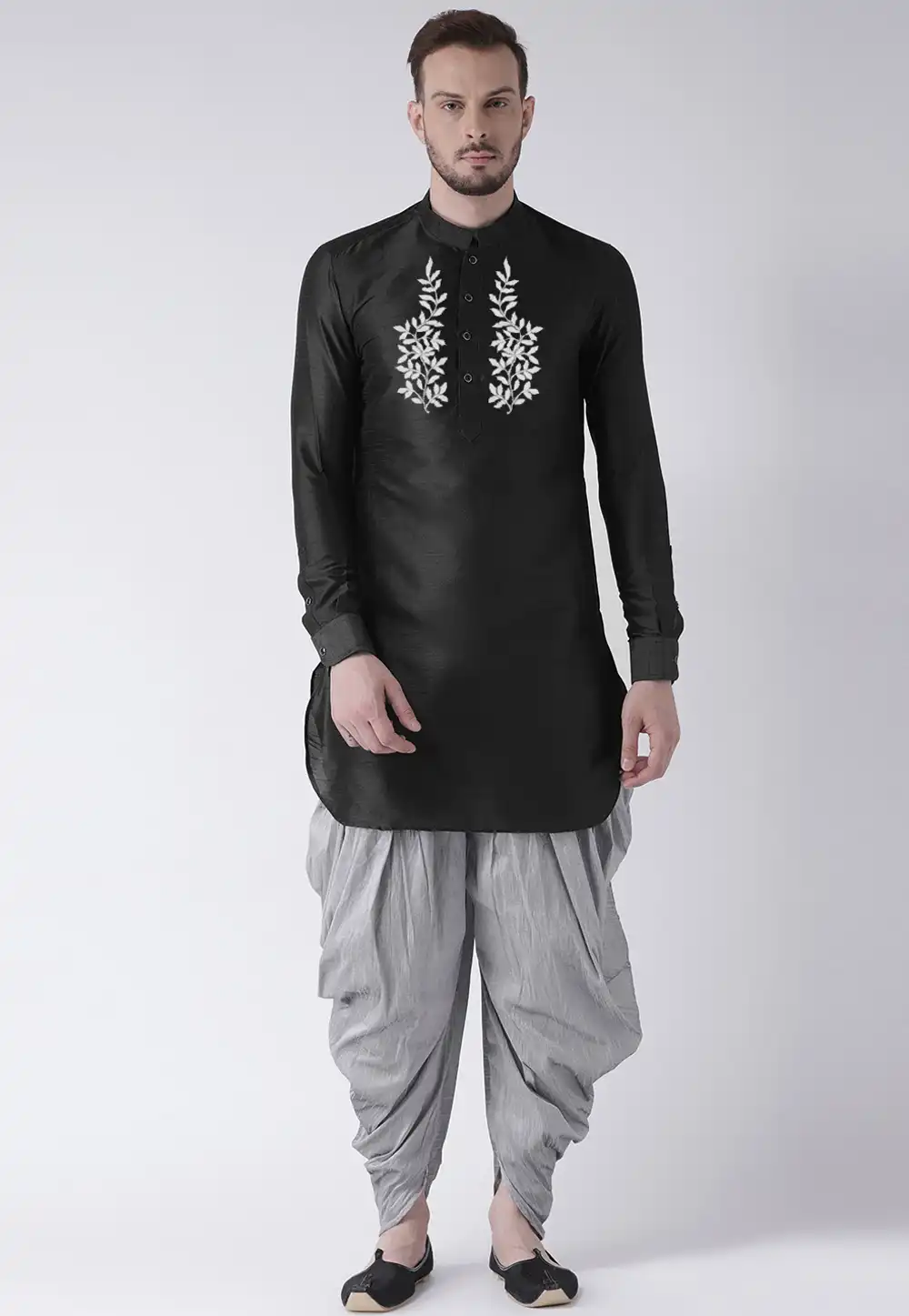 Black Dupion Silk Dhoti Kurta 304895