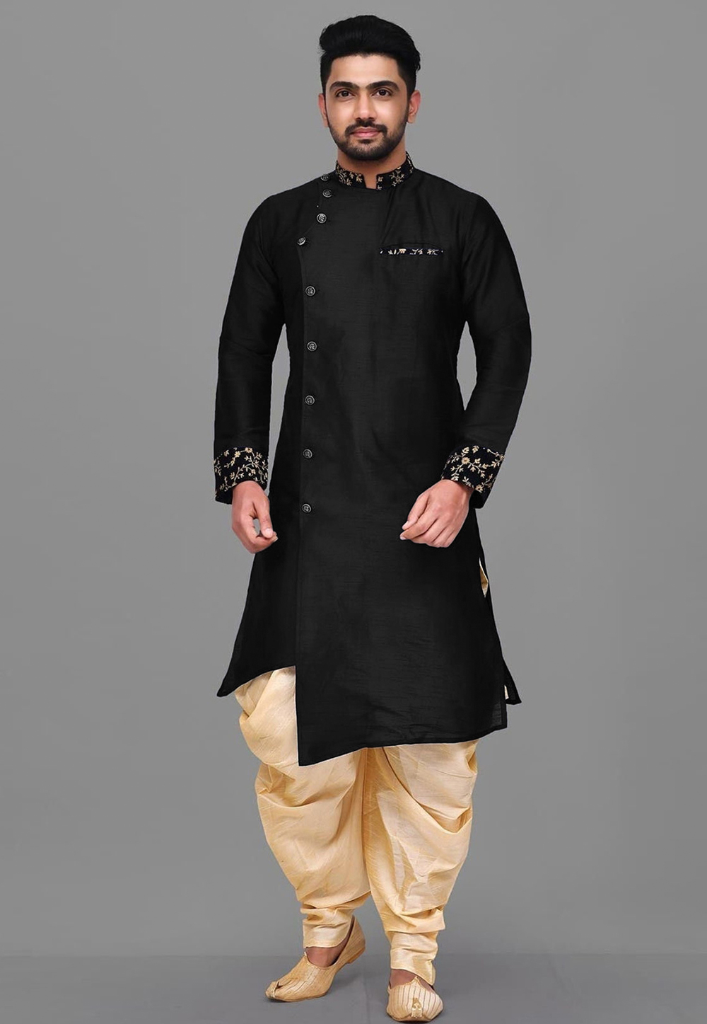 Black Dupion Silk Dhoti Kurta 284900